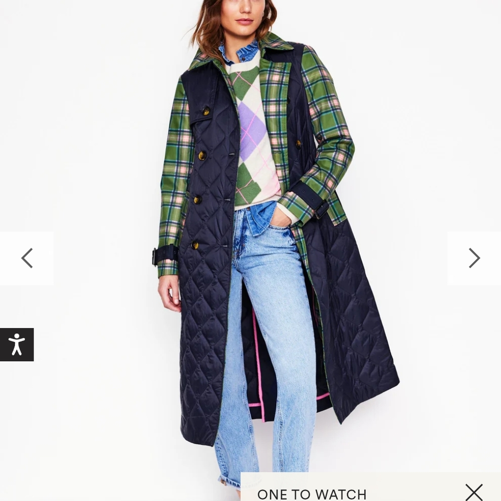 Boden Navy Quilted Trench Coat, Size 6